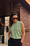 Women's Zero Sleeve Green Crew Neck 100% Cotton Oversized Sleeveless Kejıl T-Shirt - 7