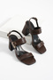 Women's Brown Leather Gold Buckle Detailed Platform Heeled Sandals - Premium Quality Sik Evening Dress Shoes 9cm - 2