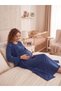 New Season Navy Blue Double-Breasted Collar with Breastfeeding Feature, Full Length Design, Short Sleeves, 100% Cotton Maternity Nightgown Set