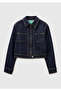 Women's Navy Blue Cotton Blend Zippered Patched Pocket Denim Jacket - 2