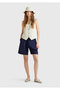 Women's Navy Blue 100% Linen Back Waist Elastic Pleated Relax Fit Bermuda Shorts - 5