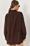Brown oversized ruffle hem button-down soft-touch tunic shirt - 5