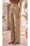 Women's Beige Linen Look Premium Textured High Waist Palazzo Trousers with Wide Legs - 7