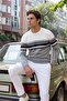 Men's Crew Neck White Sweater Knitwear Colorful Stripe Pattern Classic Fit - 5246C - 5