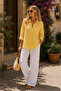 Yellow Oversized Summer Cotton Linen Shirt Pocketed Trendy Loose Fit Drop Shoulder Women - 3