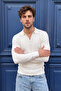 Men's Zippered Polo Neck White Sweater Knitwear Embossed Knit Solid Color Classic Fit - 5240F - 5