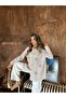 Women's Striped Fabric Front Embroidered Beading Oversized Shirt - 7