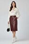 Burgundy Lina Midi Genuine Leather Women's Skirt with Slit Detail