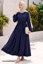 Ribbed Buttoned Navy Blue Dress - 2
