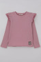 Girl's Long Sleeve T-Shirt with Arma Detail and Ruffled Shoulders, Ages 5-10, Rose Brown - 3