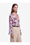 Abstract Patterned V-Neck Long Sleeve Flounce Chiffon Shirt with Lace Detail - 2