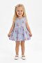 Girl's Ribbon Patterned Blue Color 100% Cotton Summer Dress