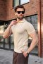 Stone Color Perforated Polo Collar Men's Knitwear T-Shirt E7495 - 5