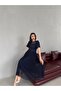 Navy Blue Balloon Sleeve Belted Mesh Fabric Midi Evening Dress - 3