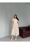Beige Balloon Sleeve Belted Mesh Fabric Midi Evening Dress - 4