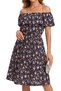 Women’s Off Shoulder Floral Midi Dress – Boho Ruffle Summer Dress with Elastic Waist –Medium