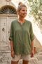 Khaki Round Neck 3/4 Sleeve Buttoned Slit 3D Embroidered Casual Cotton Woven Blouse 73 61 - 5