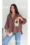 Women's Oversize Shirt with Pocket Embroidery Detail, Wide Sleeves, Linen Blend Shirt - 4