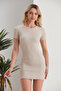 Women's Beige Mini Dress Short Sleeve Crew Neck Camisole Fit Casual Basic Dress