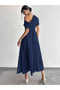 Women's Off-The-Shoulder Short Sleeve Pleated Long Janjan Crepe Dress - 6