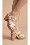 Buckle Detail Women's High Straw Look Shoes with Front Stripes Wedge Heel Slipper Sandals - 2