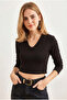Women's Black V-Neck Soft Textured Crop Blouse Blz-19003344 - 3