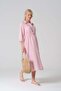 Maternity Elastic Sleeve Shirt Collar Midi Length Linen Dress Pink - 5