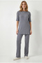 Women's Anthracite Ribbed Short Sleeve Top and Bottom Set Tkm-19000498 - 3