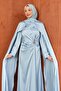 Baby Blue Satin Evening Dress with Shoulder Cape - 2