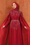 Burgundy Shoulder Cape and Stone Embellished Evening Dress - 2
