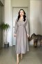 Gold Button Detailed Waist-Fitted Pleated Soft Flowing Midi Dress - 6
