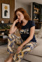 Round Neck Long Comfortable Cotton Pajama Set 41551 Navy Blue - 2