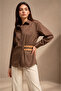 Striped Satin Textured Buckle Women's Shirt Brown - 2