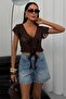 Women's Lace Crop Blouse V Neck Ruffle Lace up See-Through Summer Chic Blouse - 7