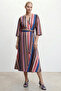Double-Breasted Belted Colorful Striped Waist-Fitted Dress - 3