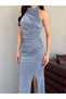 Baby Blue Draped Halter Neck Glittered Evening Dress - 6