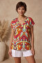 Women's Pink Orange Colorful Patterned Crepe Fabric V-Neck Low Sleeve Relax Fit Blouse