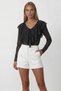 Women's Black Polka Dot V-Neck Spanish Sleeve Transparent Blouse with Flounces on the Front Alc-X15153 - 3