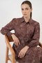 Women's Shirt Collar Belted Floral Patterned Viscose Brown Hijab Dress - 2