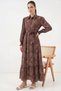Women's Shirt Collar Belted Floral Patterned Viscose Brown Hijab Dress - 3