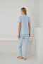 Women's 100% Organic Cotton Blue Floral Patterned Short Sleeve Natural Pajama Set - 3