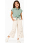 Girl's Shirt with Floral Detail, Button Closure, Tie Front, Wide Leg Model, Elastic Waist, Floral Detail, Stylish Two-Piece Set - 2