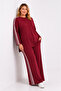 Women's Plus Size Burgundy, Stripe Detailed, Long Back Tunic, Elastic Waist Pants, Tracksuit Set 65N39498 - 3