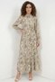 Women's Shirt Collar Belted Ruffled Hem Paisley Patterned Viscose Beige Hijab Dress - 2