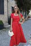 Buketli̇ Women's Square Collar Large Polka Dot Belted Slit Short Sleeve Combed Cotton Long Dress