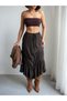 Crep Women's Lace Ribbon Detailed Flounced Bohemian Long Asymmetrical Skirt Brown - 2
