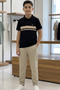 6-15 Years Old Boys' White Striped Polo Collar T-Shirt Black Fabric Trousers Stylish Combination
