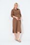 Maternity Elastic Sleeve Shirt Collar Midi Length Linen Dress Brown - 4