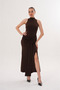 Women's Brown Halter Neck Sleeveless Draped Waist Detailed Deep Slit Long Dress - 4
