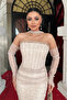 Lace Fabric Strapless Beaded Pencil Dress - Beige - 4